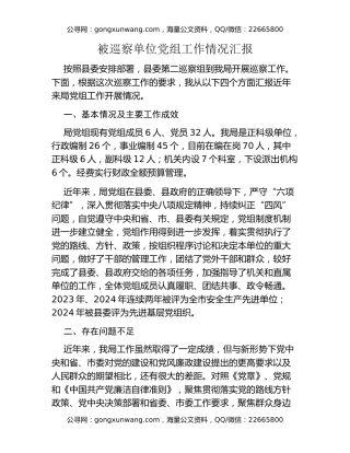 被巡察单位党组工作情况汇报