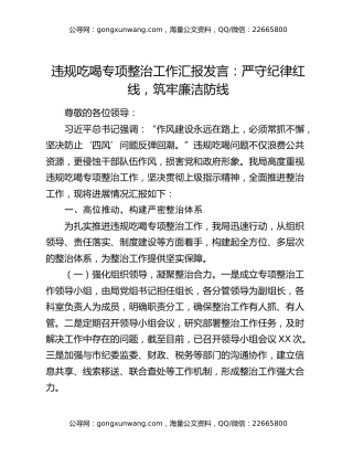 违规吃喝专项整治工作汇报发言：严守纪律红线，筑牢廉洁防线