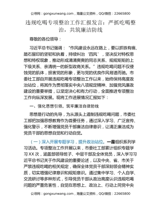 违规吃喝专项整治工作汇报发言：严抓吃喝整治，共筑廉洁防线