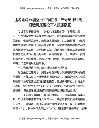 违规吃喝专项整治工作汇报：严守纪律红线，打造清廉退役军人服务队伍