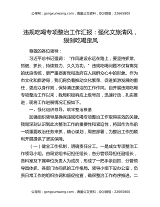 违规吃喝专项整治工作汇报：强化文旅清风，狠刹吃喝歪风