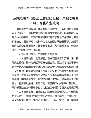 违规吃喝专项整治工作经验汇报：严刹吃喝歪风，净化农业政风
