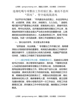 违规吃喝专项整治工作经验汇报：驰而不息纠“四风”，坚守底线筑清风