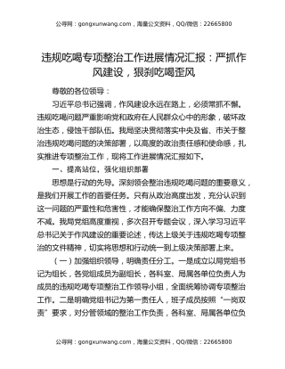 违规吃喝专项整治工作进展情况汇报：严抓作风建设，狠刹吃喝歪风