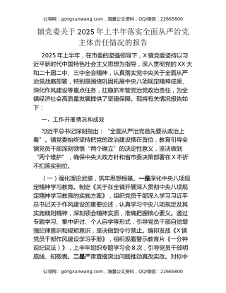 镇党委关于2025年上半年落实全面从严治党主体责任情况的报告