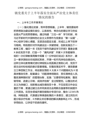 镇党委关于上半年落实全面从严治党主体责任情况的报告