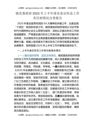 镇党委政府2025年上半年落实意识形态工作责任制情况自查报告