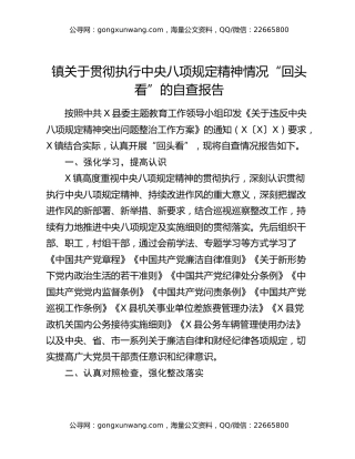 镇关于贯彻执行中央八项规定精神情况“回头看”的自查报告