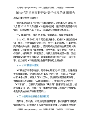 镇长任职期间履行经济责任情况的述职报告