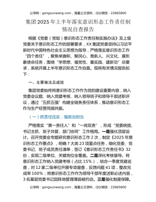 集团2025年上半年落实意识形态工作责任制情况自查报告