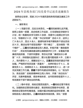 2024 年县税务部门局党委书记述责述廉报告
