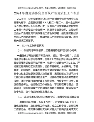 2024年度党委落实全面从严治党责任工作报告