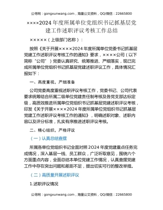 2024年度党支部书记抓基层党建工作述职评议考核工作总结