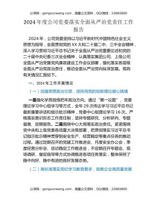 2024年度公司党委落实全面从严治党责任工作报告