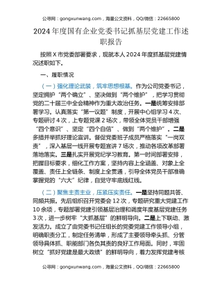 2024年度国有企业党委书记抓基层党建工作述职报告