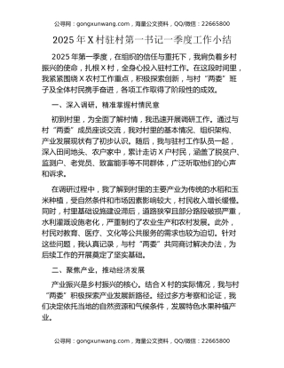 2025年XX村驻村第一书记一季度工作小结