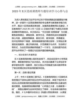 2025年X区思政课教师专题培训学习心得与总结