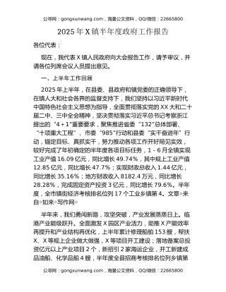 2025年X镇半年度政府工作报告