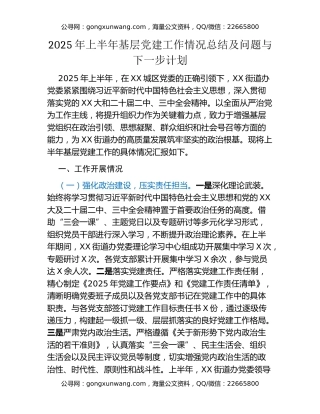 2025年上半年基层党建工作情况总结及问题与下一步计划