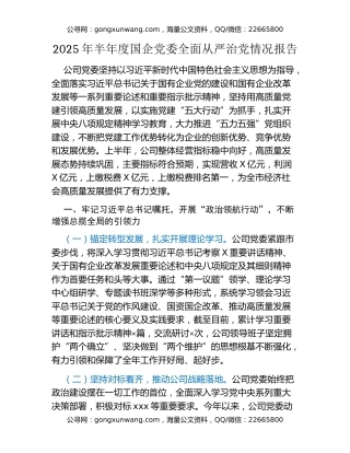 2025年半年度国企党委全面从严治党情况报告