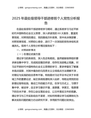 2025年县处级领导干部进修班个人党性分析报告