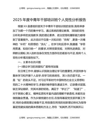 2025年度中青年干部培训班个人党性分析报告