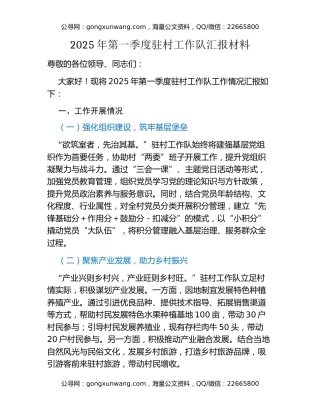 2025年第一季度驻村工作队汇报材料