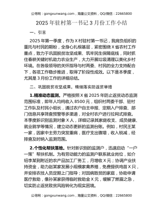 2025年驻村第一书记3月份工作小结