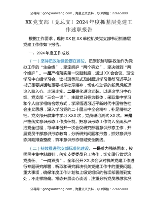 XXX党支部（党总支）2024年度抓基层党建工作述职报告