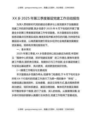 XX乡2025年第三季度基层党建工作总结报告