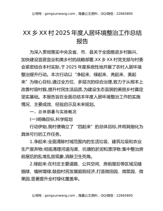 XX乡XX村2025年度人居环境整治工作总结报告