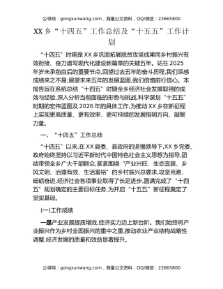 XX乡“十四五”工作总结及“十五五”工作计划