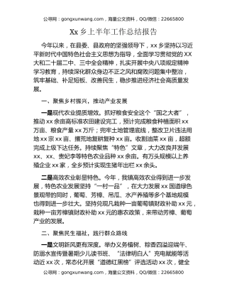 Xx乡上半年工作总结报告