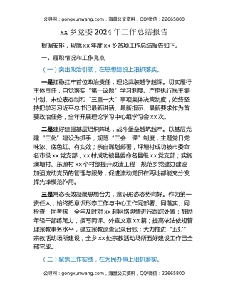 xx乡党委2024年工作总结报告