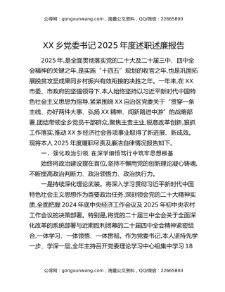 XX乡党委书记2025年度述职述廉报告