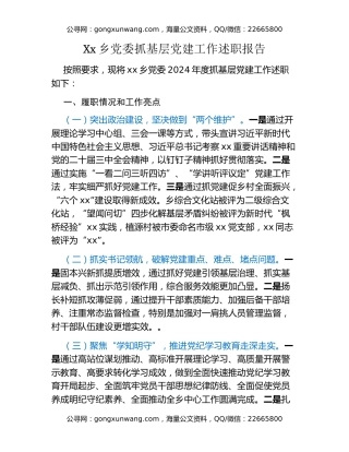 Xx乡党委抓基层党建工作述职报告
