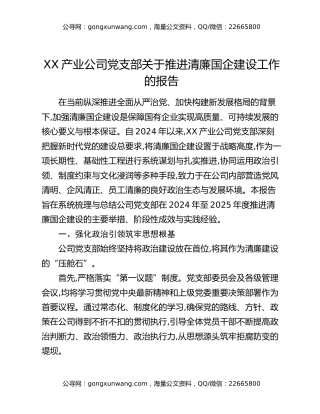 XX产业公司党支部关于推进清廉国企建设工作的报告