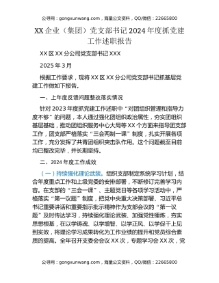XX企业（集团）党支部书记2024年度抓党建工作述职报告