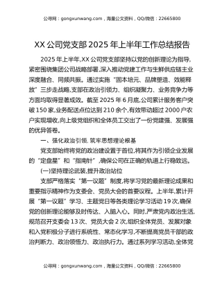 XX公司党支部2025年上半年工作总结报告