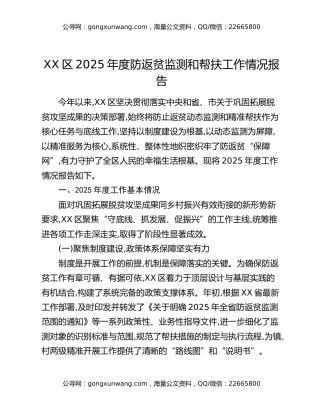 XX区2025年度防返贫监测和帮扶工作情况报告
