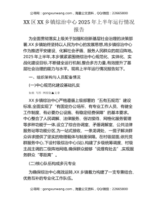 XX区XX乡镇综治中心2025年上半年运行情况报告