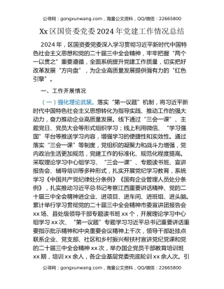Xx区国资委党委2024年党建工作情况总结