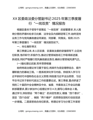 XX区委政法委分管副书记2025年第三季度履行“一岗双责”情况报告
