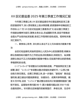 XX区纪委监委2025年第三季度工作情况汇报