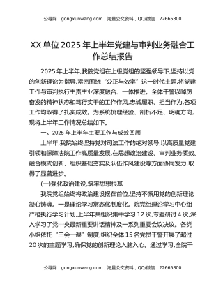 XX单位2025年上半年党建与审判业务融合工作总结报告