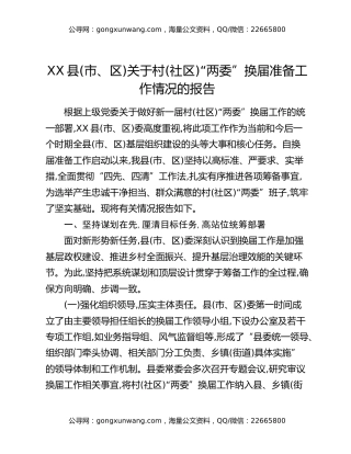 XX县(市、区)关于村(社区)“两委”换届准备工作情况的报告