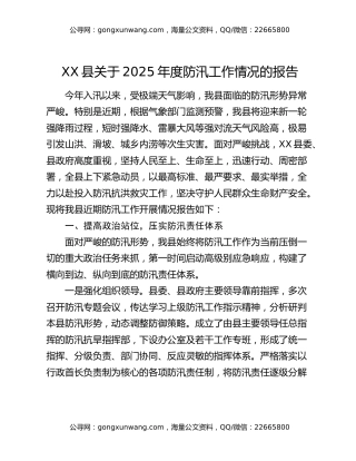 XX县关于2025年度防汛工作情况的报告