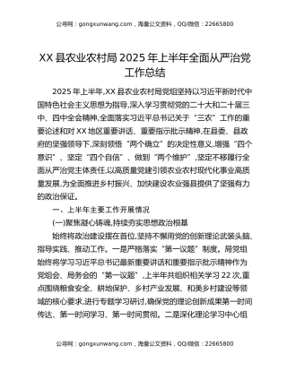 XX县农业农村局2025年上半年全面从严治党工作总结