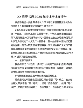 XX县委书记2025年度述责述廉报告