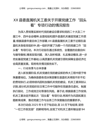 XX县委直属机关工委关于开展党建工作“回头看”专项行动的情况报告